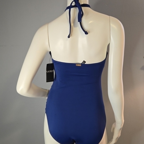 Ralph Lauren Blue Stylish Keyhole Halter Top Side Shirring Swimsuit Size 6 - Picture 4 of 7